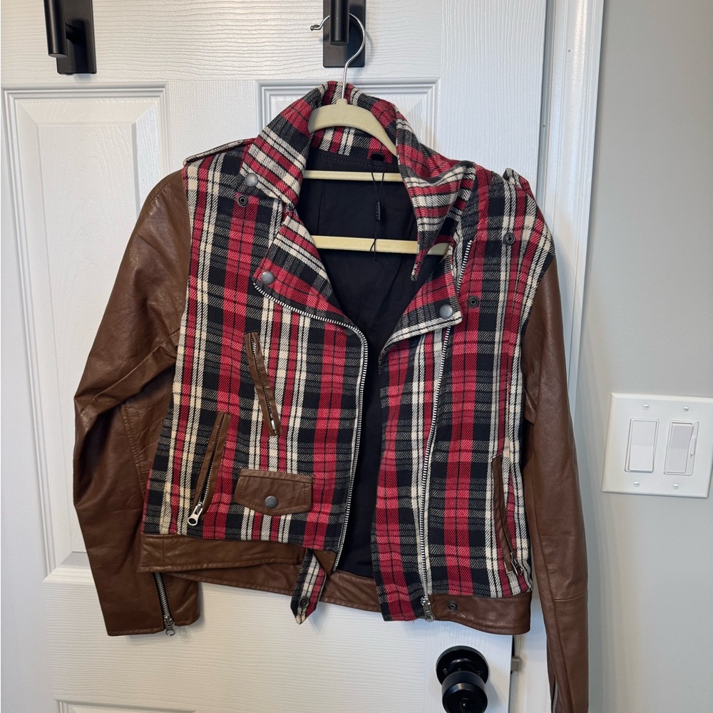 Plaid Leather Jacket with Brown Sleeves